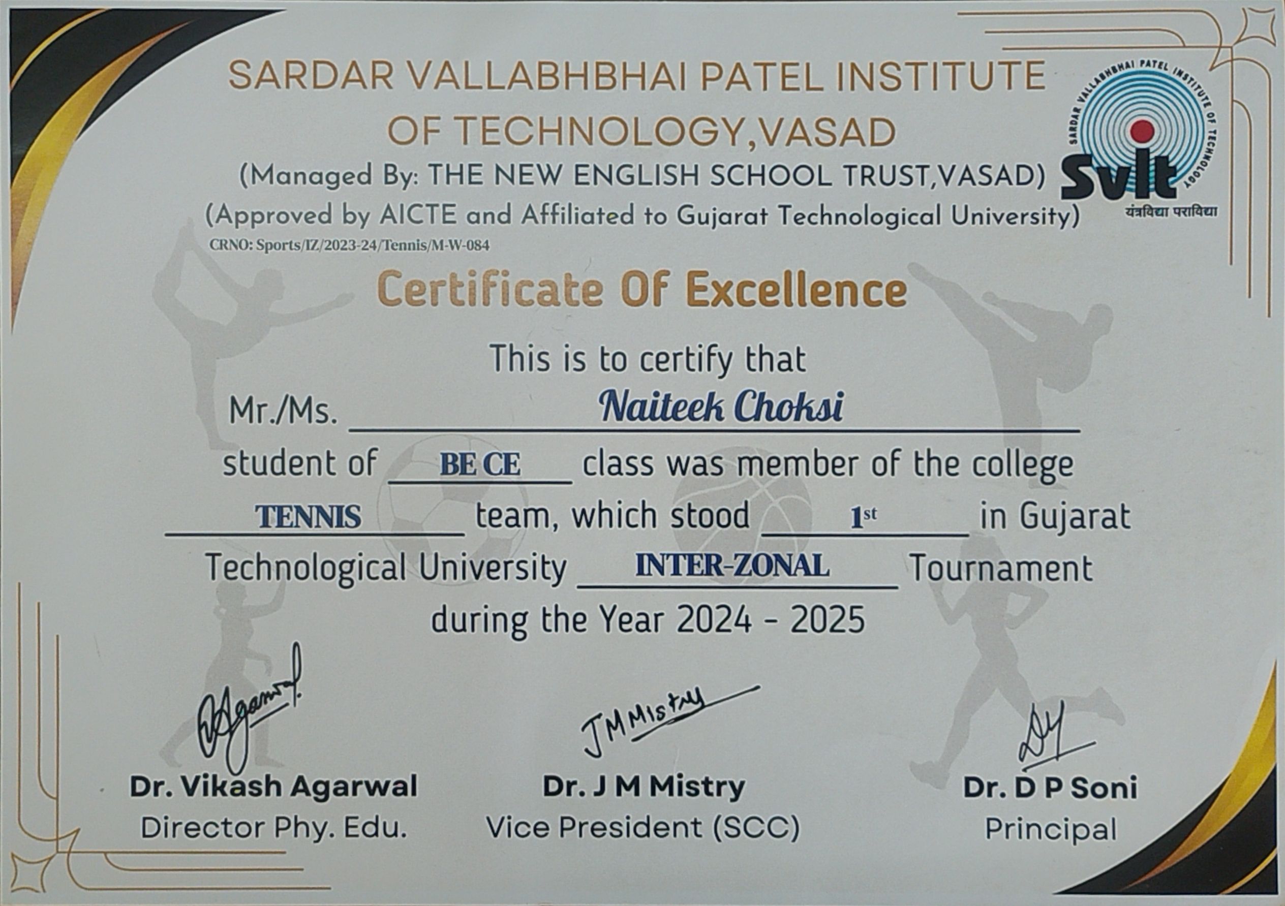 GTU Inter-Zonal Tennis 1st Place